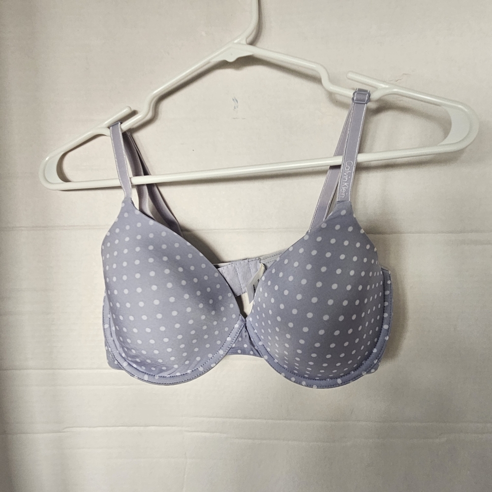 Calvin Klein 34D Lavender White Polka Dot Bra, Underwire, Adjustable Straps